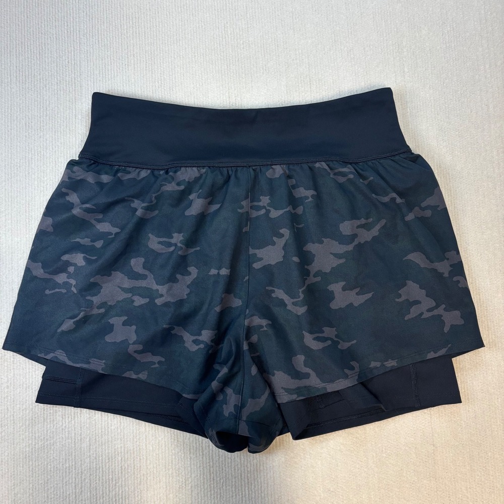 Spanx Get Moving Running Shorts‎ Camo Black Gray Womens Large Zipper Pocket